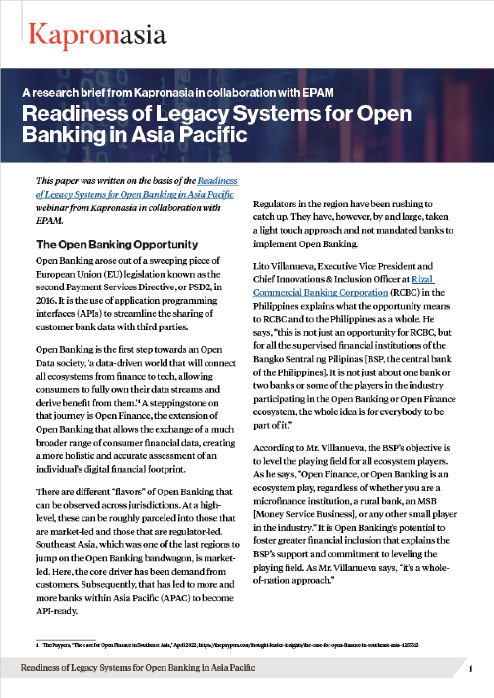 Readiness of Legacy Systems for Open Banking in Asia Pacific: A research brief from Kapronasia in collaboration with EPAM